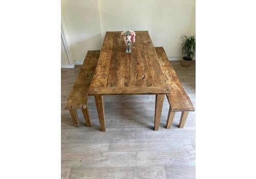 Vintage Elm Top On An Oak Base With Two Benches, Rustic Table And Bench Set