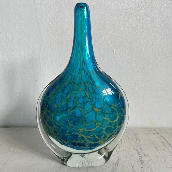 Mid Century Mdina Blue Handblown Lollipop Vase Vinterior
