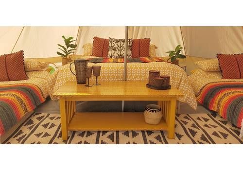 Oak Wood Coffee Table Hand Painted Mustard Yellow With Tribal Stencil Design In Black