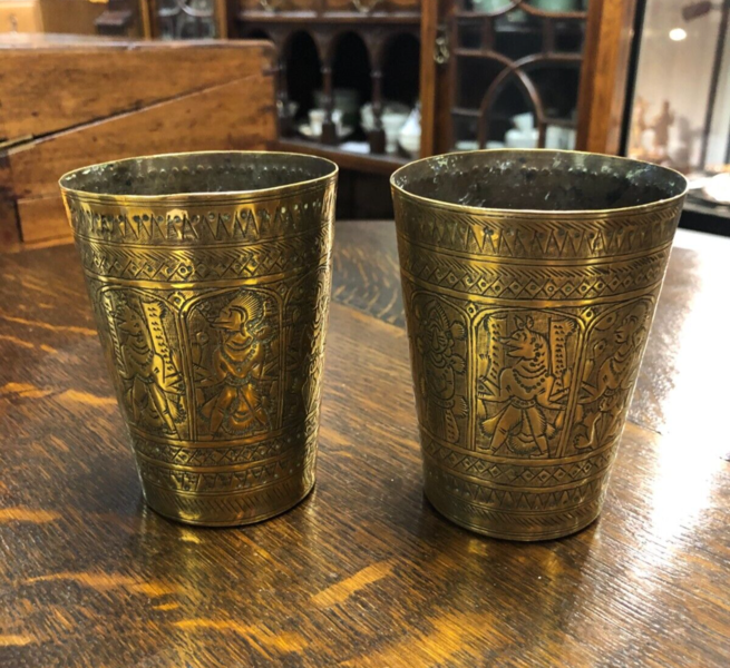 Pair Of Vintage Indian Brass Cups Vinterior