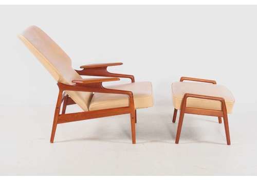 Wing Chair With Footstool. Teak And Imitation Leather, John Boné, Vintage, Denmark, Ca 1965