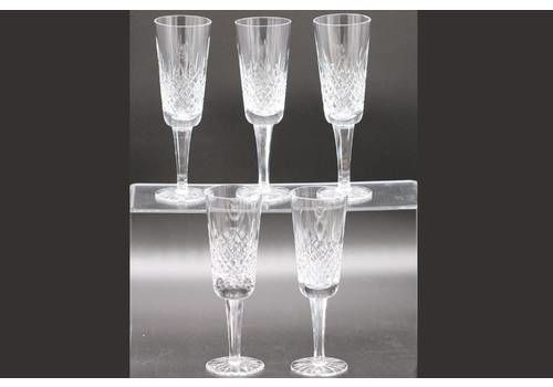 Five Vintage Cut Crystal Wine Glasses / Champagne Flutes With Cut Foot And Faceted Stem