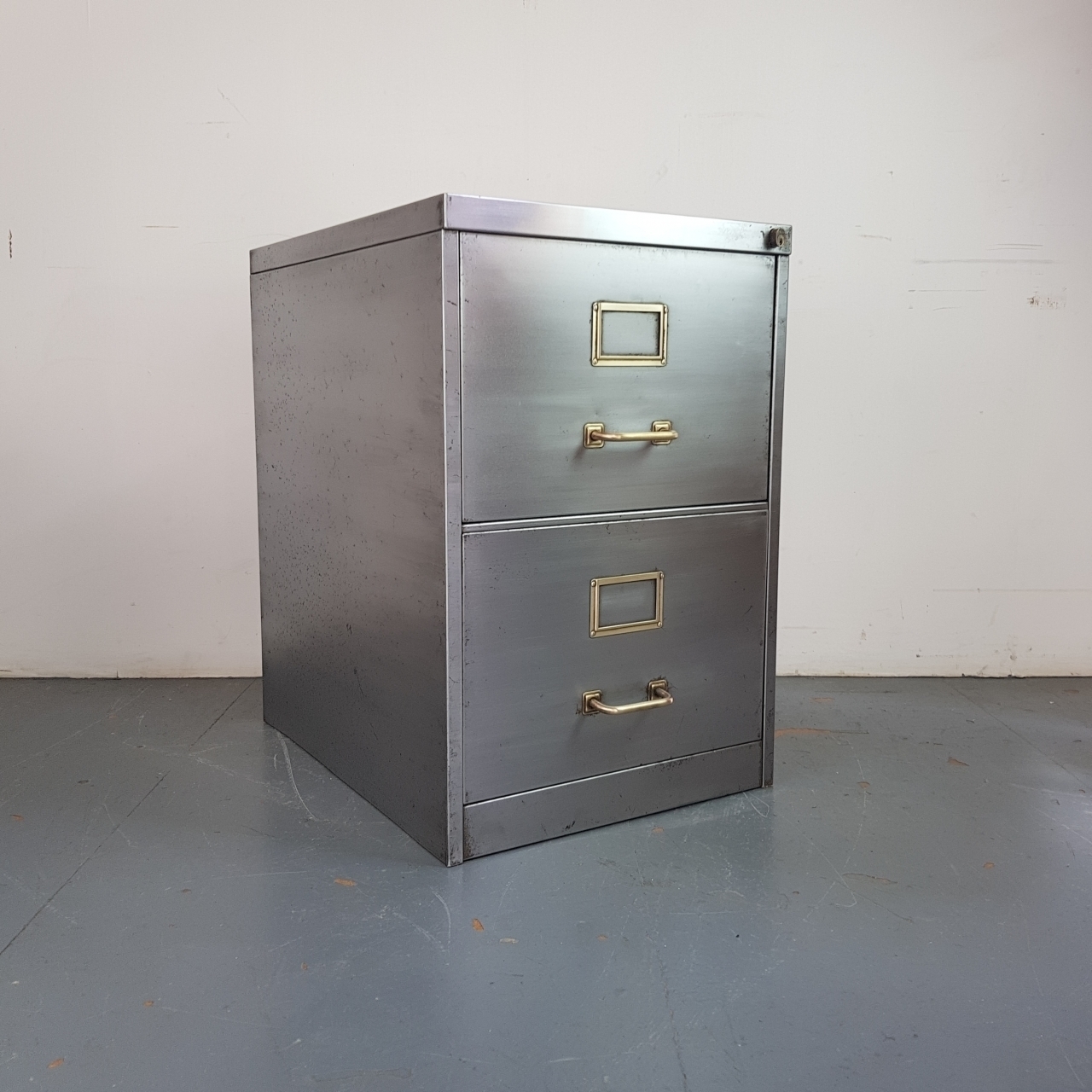 2 Drawer Vintage Stripped Metal Filing Cabinet Wit Brass ...
