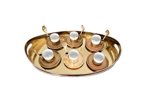 Hollywood Regency Brass And Porcelain Coffee Or Tea Set And Tray, Italy, 70s