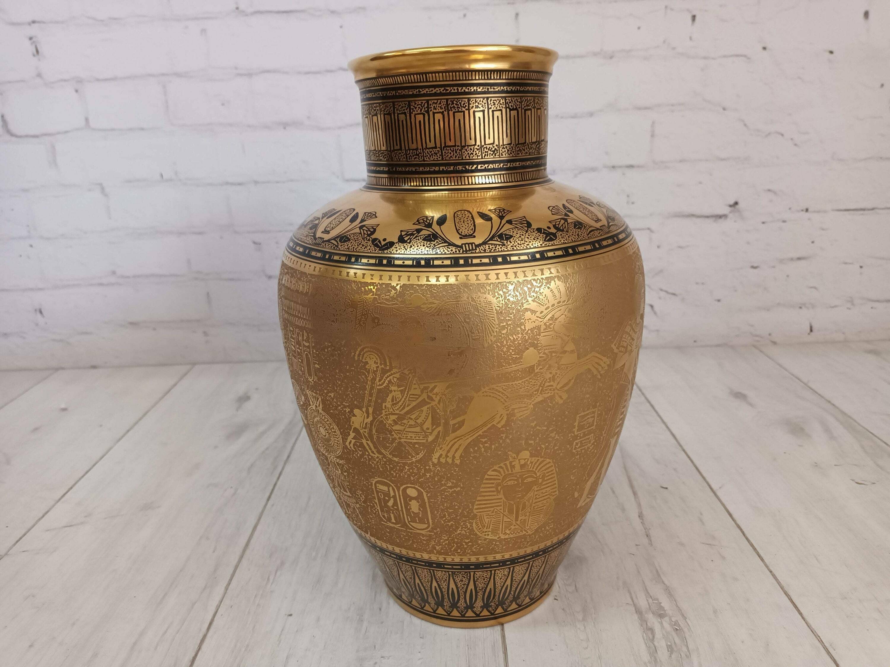 Antique Egyptian Vase Large Mostorod Matt Gold Hand Painted Signed 1985