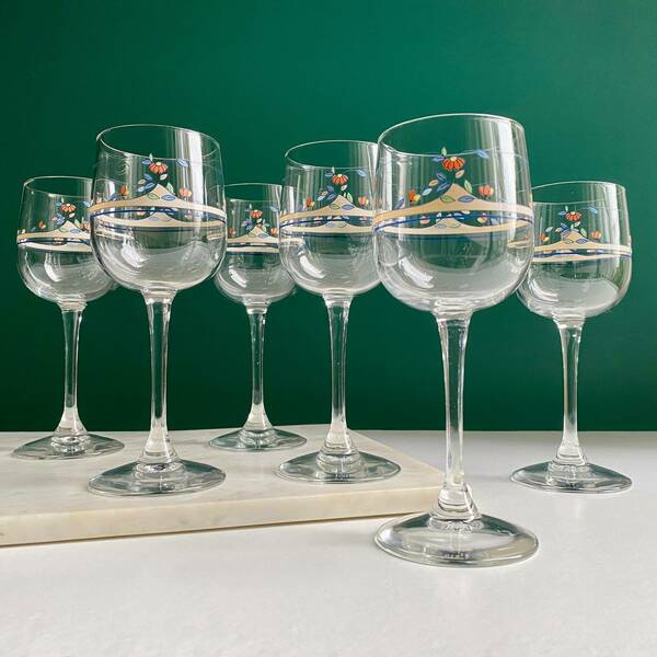 Set Of 6 Vintage Italian Wine Glasses Clear Glass Floral Design Wine Goblets Vintage