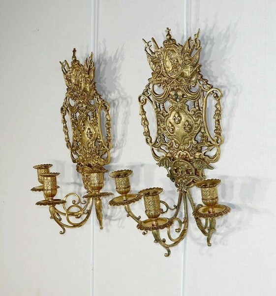 Important Pair Of Wall Lights With 3 Branches In Gilded Bronze, Napoleon III   Mid 19th Century photo for sale
