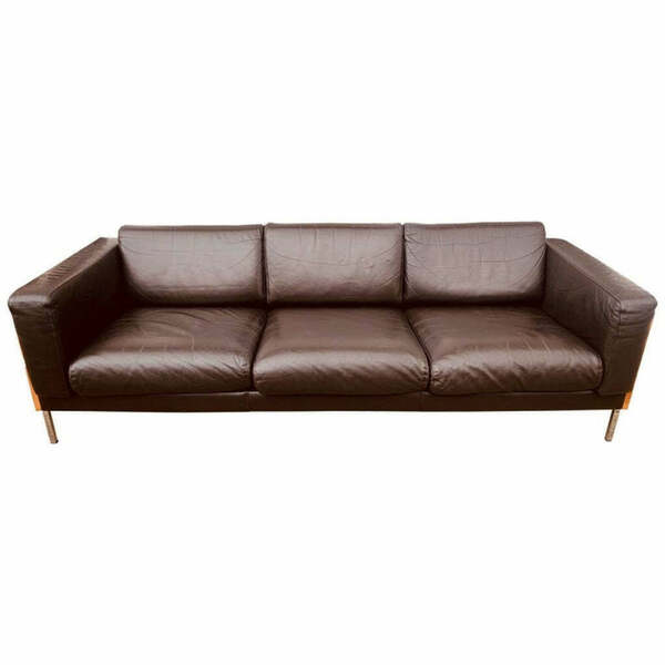 Vintage 2000s Dark Brown Leather Ash & Chrome 3 Seater Robin Day For