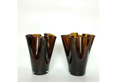 Pair Of Italian Mid Century Handmade Brown Glass Vases