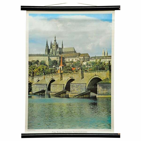 Prague St. Vitus Cathedral Charles Bridge Cityscape Vintage Wall Chart