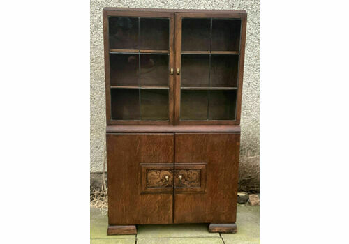 20th C. Art Deco Glazed Oak Bookcase Cupboard. Carved Door Panels.