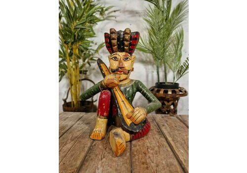 Large Vintage Indian Polychrome Hand Carved Wooden Musician Statue Sculpture
