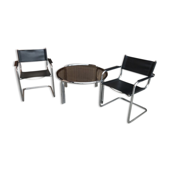 Mid Century Chrome Tubular Coffee Table With Chairs, 1960s, Set Of 3