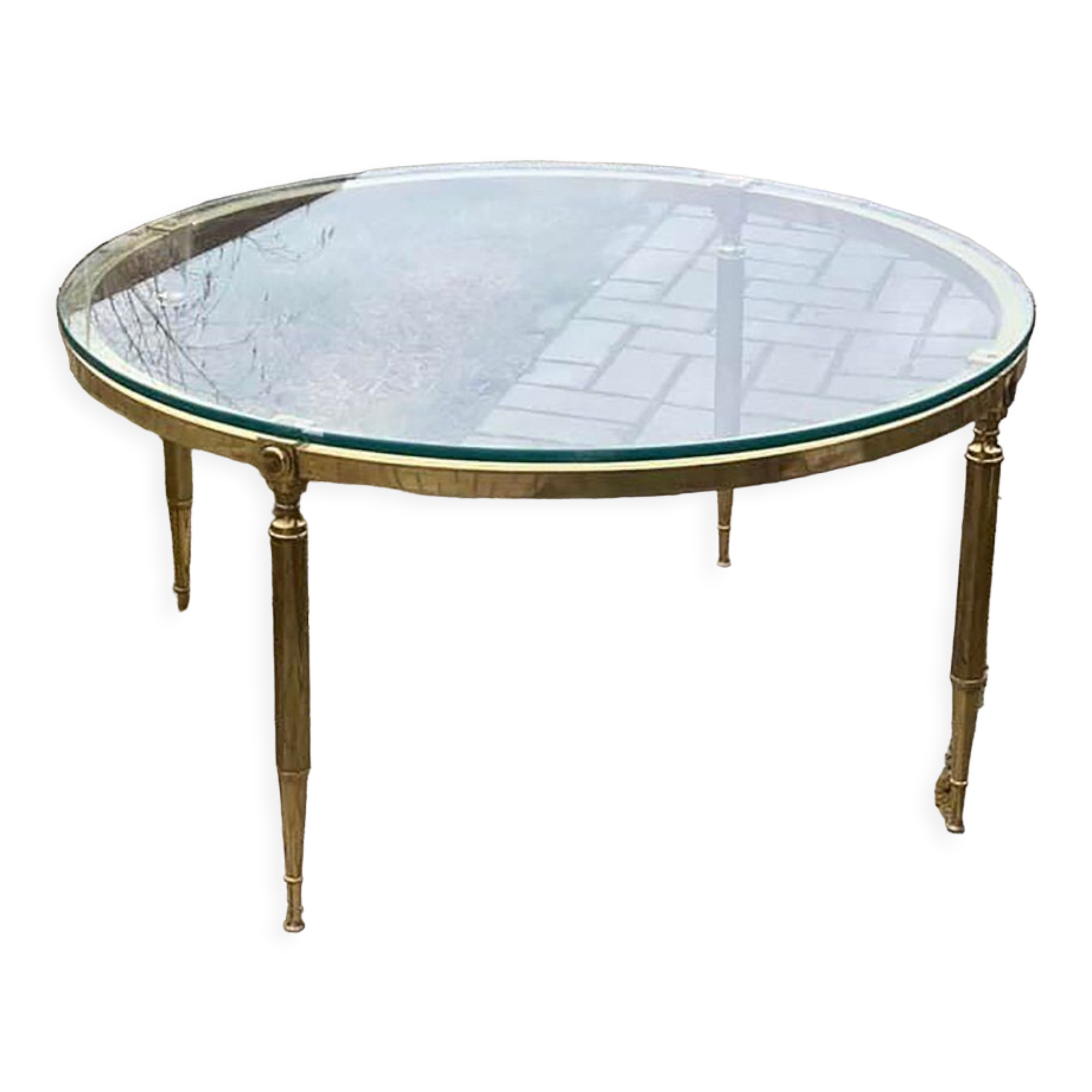 Round Brass Coffee Table With Glass Top, 1970s Vinterior